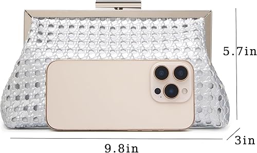 Miniatura 7 de Bolso de mano tejido para mujer con cadena desmontable, elegante bolso de noche para fiestas, bodas y cócteles Plateado