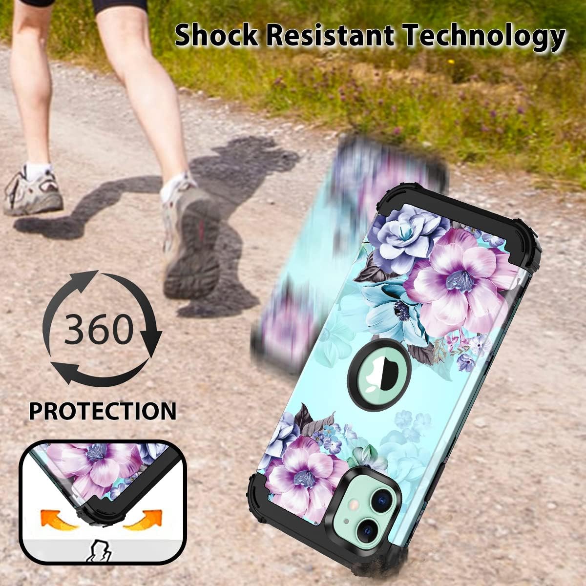 Casetego Compatible with iPhone 11 Case,Floral Three Layer Heavy Duty Hybrid Sturdy Shockproof Full Body Protective Cover Case for Apple iPhone 11 6.1 inch,Blue Flower