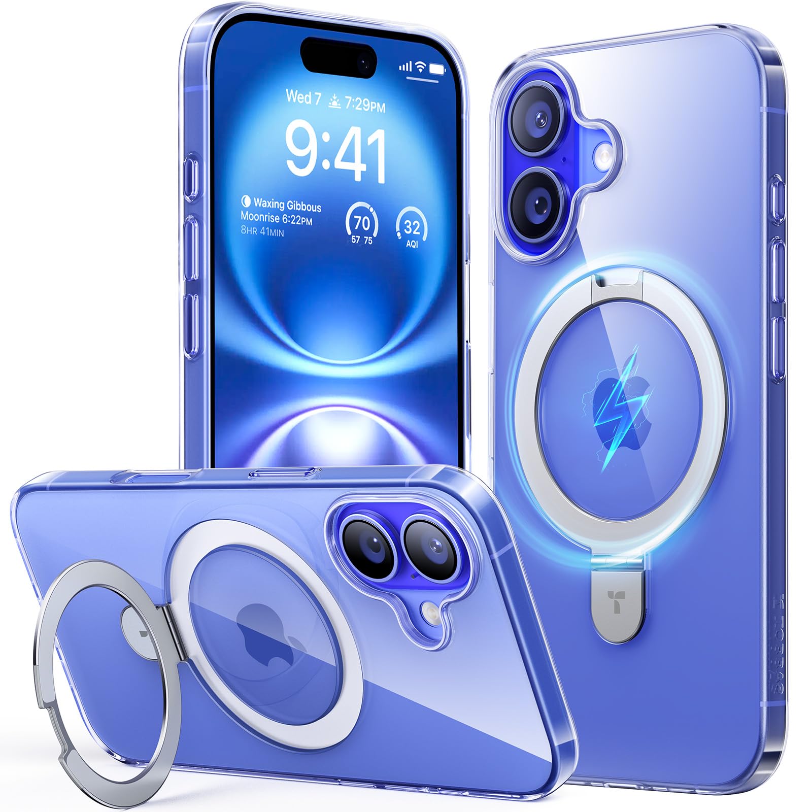 TORRAS iPhone 16 Case, Lightest Stand Case, US Military Stand, Supports Both Vertical and Horizontal, Includes Ring, Magnet, Wireless Charging, Shockproof, Anti-Slip, Transparent, Cover for iPhone 16