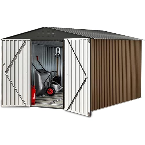 8X8FT Outdoor Metal Storage Shed, Lockable Weatherproof Garden Shed for Tools & Equipment, Durable Galvanized Steel with Sloping Roof & Ventilation, Ideal for Backyard, Patio & Garage Storage, Brown