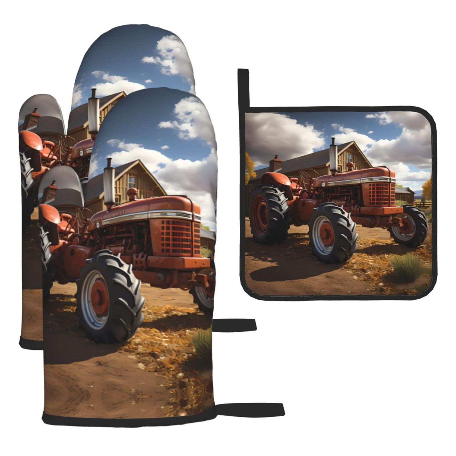 Red Tractor Printed Kitchen Oven Mitt Set 3-Piece Heat Resistant Gloves with Pot Holder Mat for Cooking Baking BBQ
