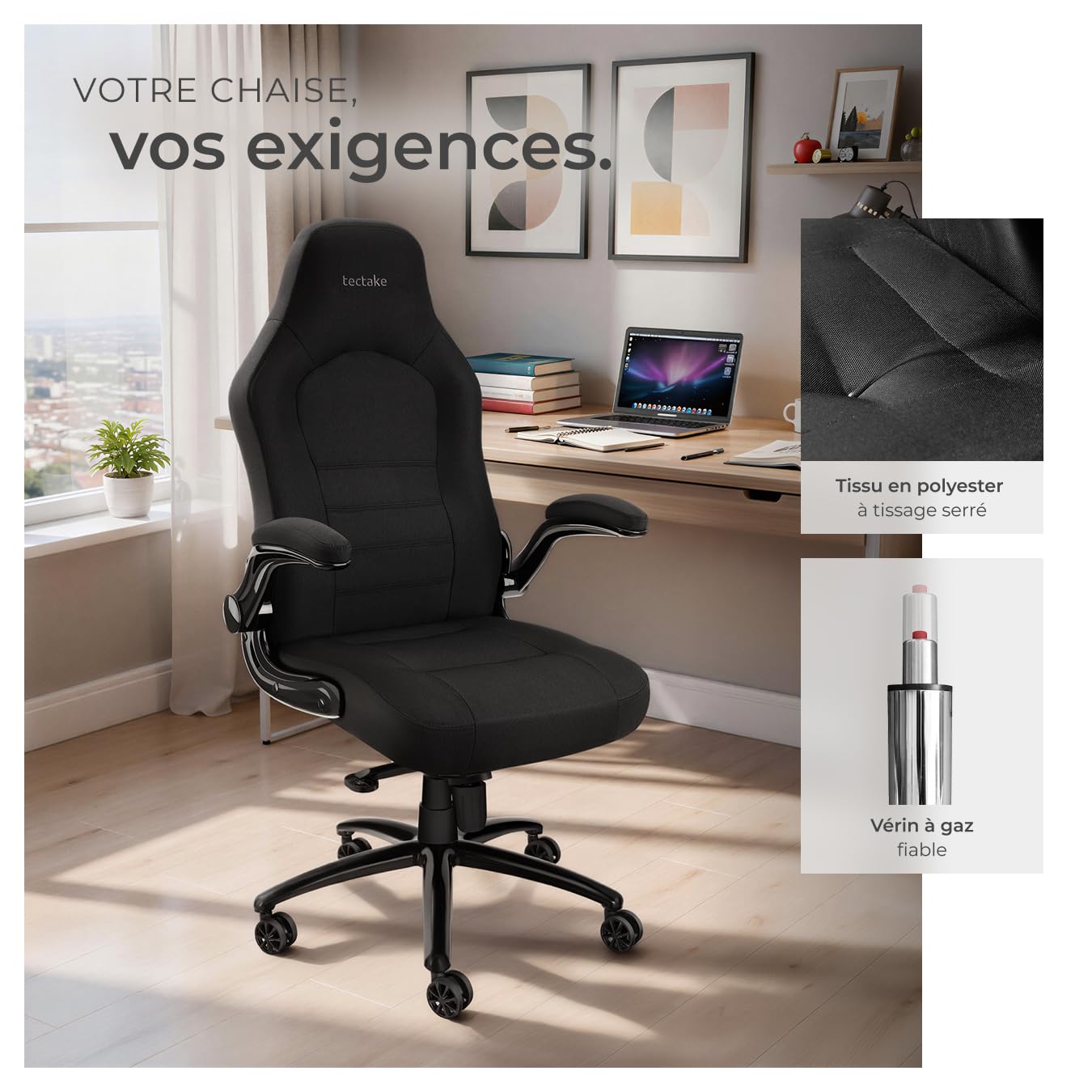 tectake® Chaise de Bureau Chaise Gaming Fauteuil de Bureau Fauteuil pivotant Design 360°, Siege Ergonomique, Fauteuil avec Accoudoirs Rabattables, Appui-tête rembourré, Roulette Teletravail - Noir