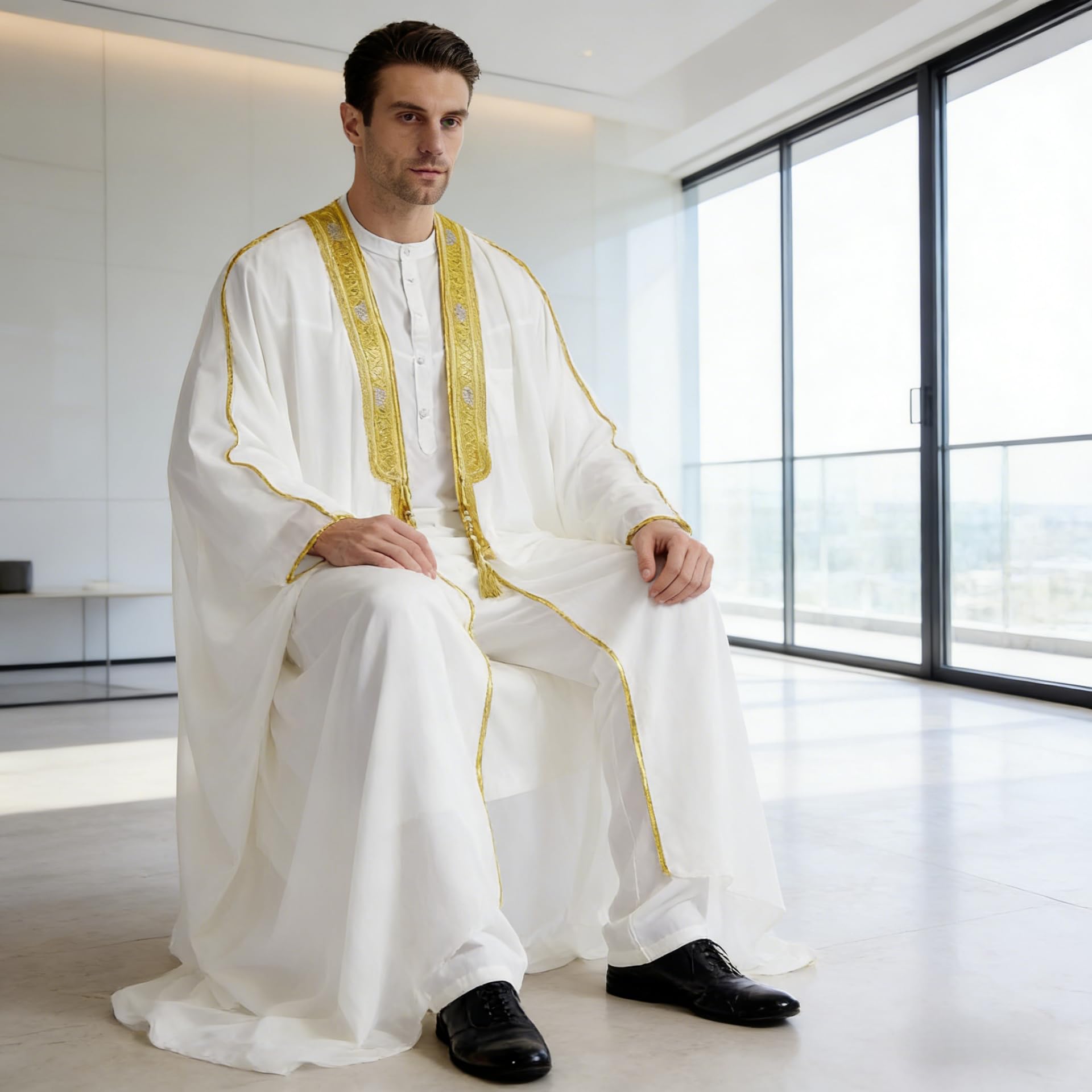 zhxinashu Djellaba Homme Marocaine - Abaya Homme Longues Chemise en Chiffon Imprimée Musulmane, Caftan Homme Rétro Décontracté Taille Large