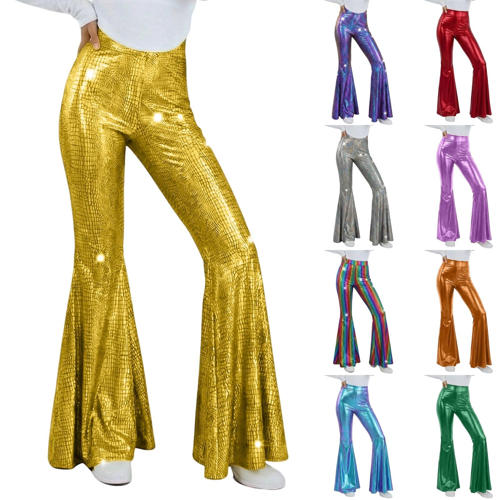Pailletten Hose Glitzer Schlaghose Damen Metallic Schlaghosen 60er 70er 80er Vintage Tanzhose Skinny Hosen Glänzende Retro Leggings Stretch Karneval Disco Party Clubwear