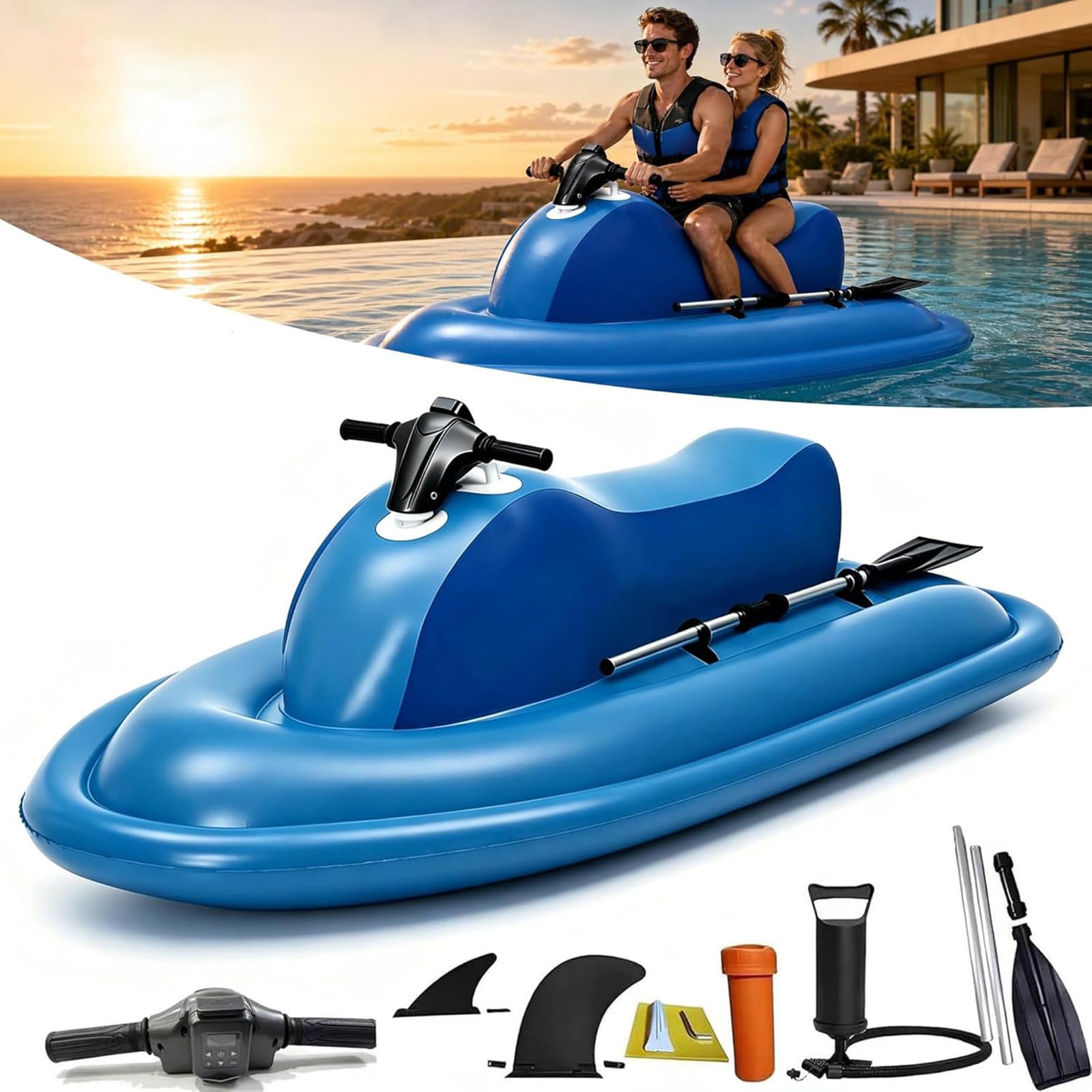 Electric Inflatable Jet Ski For Adults, 500W/700W Underwater Propeller, Motorized Inflatable Ride-On Watercraft Set, 10-Speed Adjustment, 60-180Min Runtime, Dual-Fin Design, For Snorkeling 700W