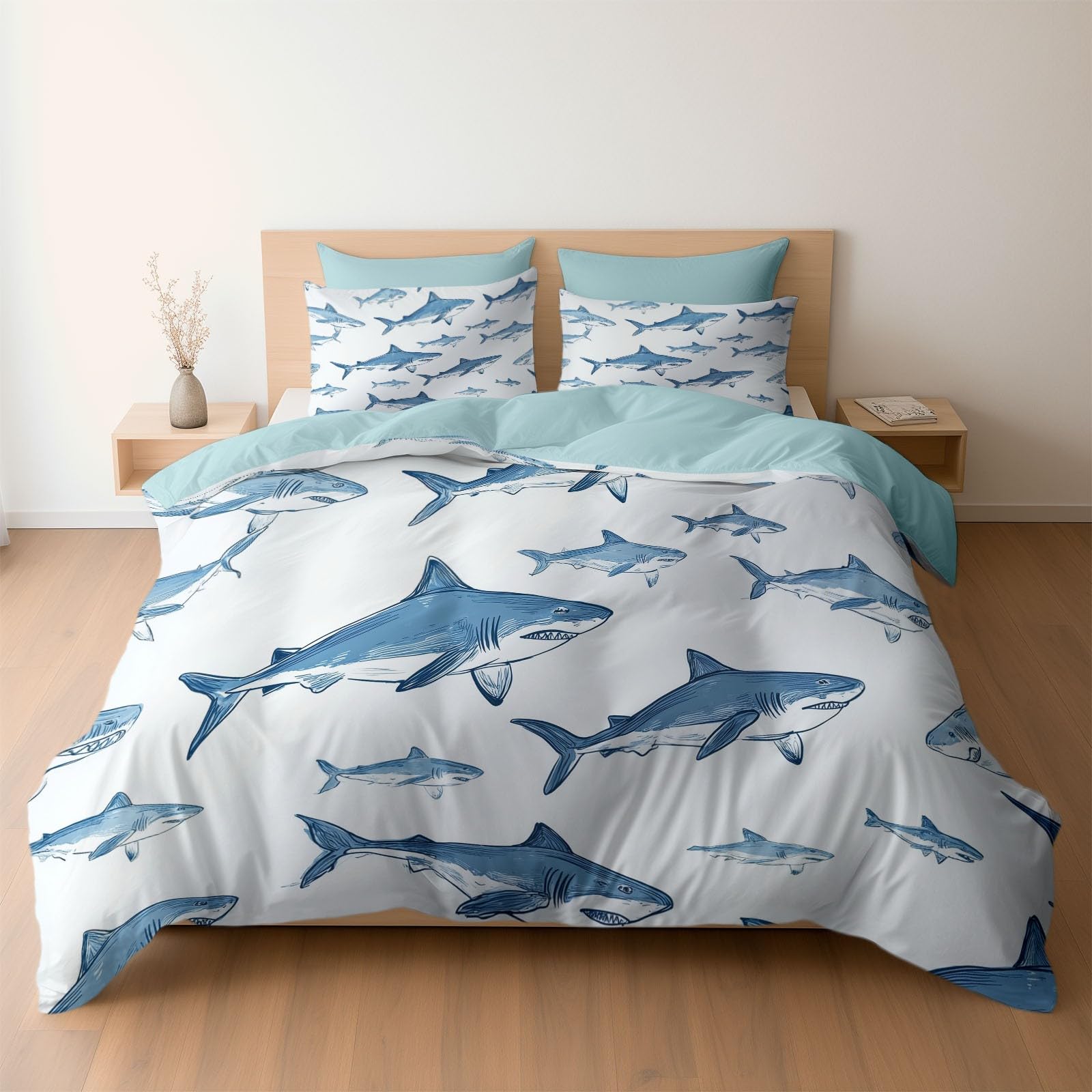 Housse de couette requin 240x260cm respirante et hypoallergénique en microfibre brossée