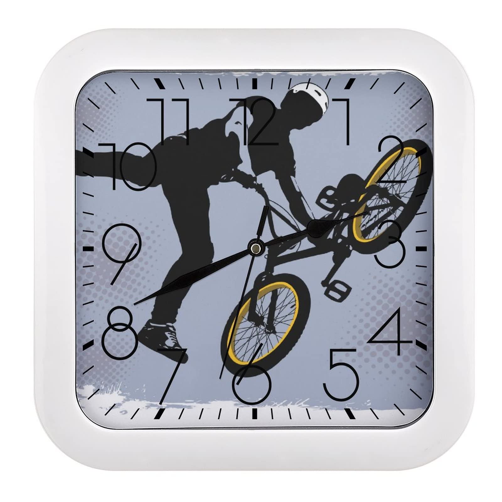 Horloge murale carrée à grands chiffres lisibles motif vélo de salon