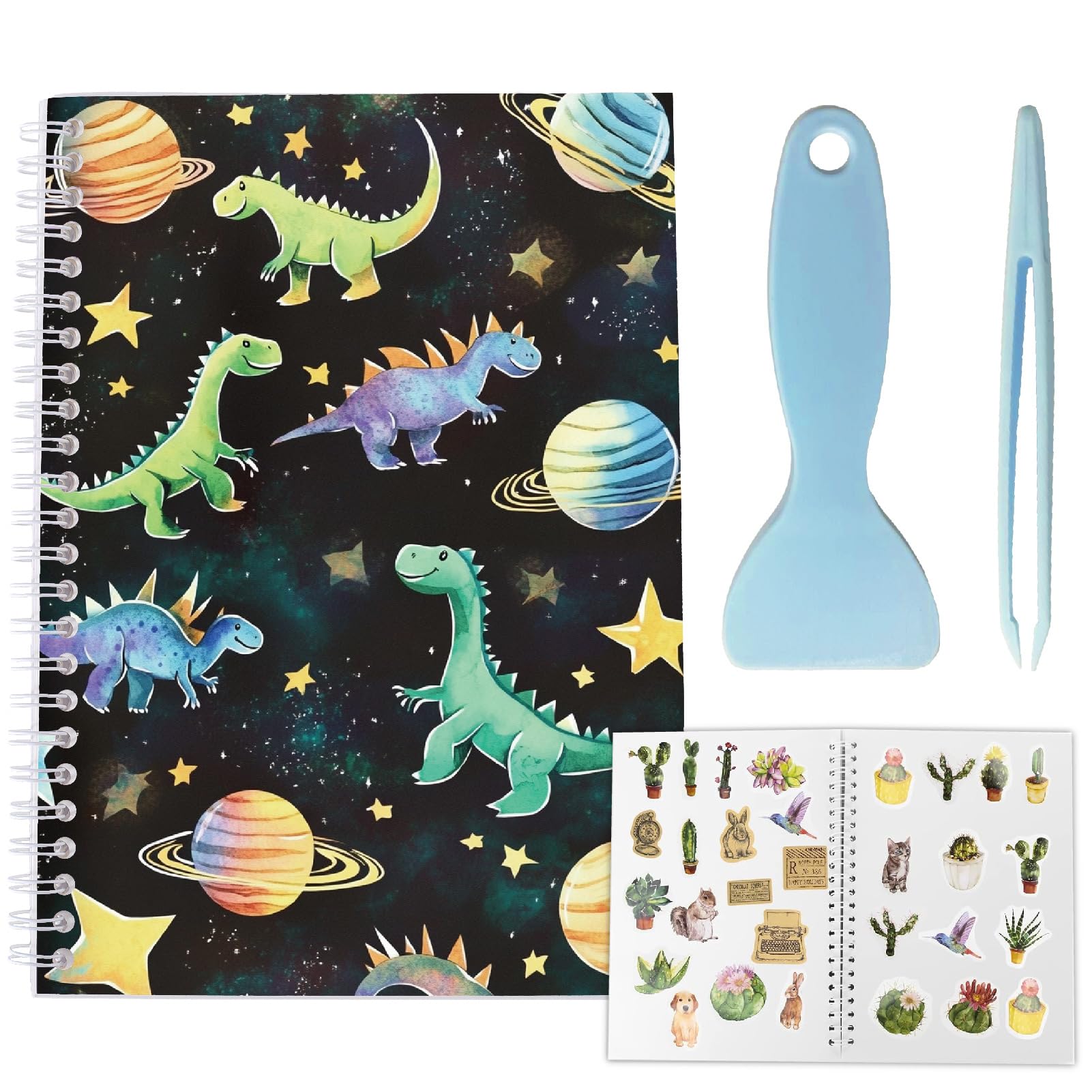 CRASPIRE 40 Sheets Sticker Collecting Album Sticker Storage Book A5 Release Paper Reusable Waterproof Dinosaurs Planets Star Blank Storage Organizer with Scraper and Tweezer for Labels Collection