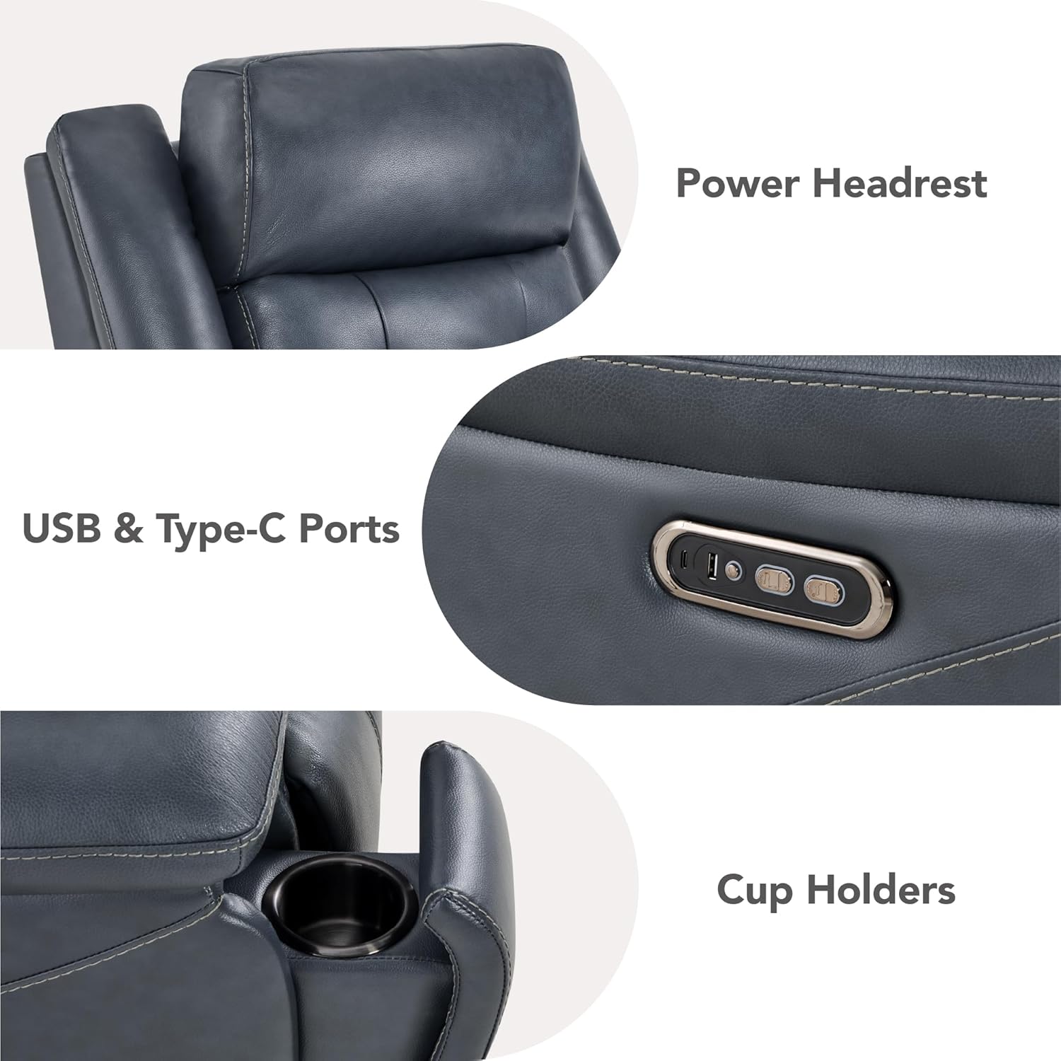 Watson & Whitely Genuine Leather Power Recliner Chair for Adults, Wall Hugger Recliner with Power Headrest, Cup Holders & Charging Ports, Electric Reclining Chairs for Living Room, RV, Navy Blue