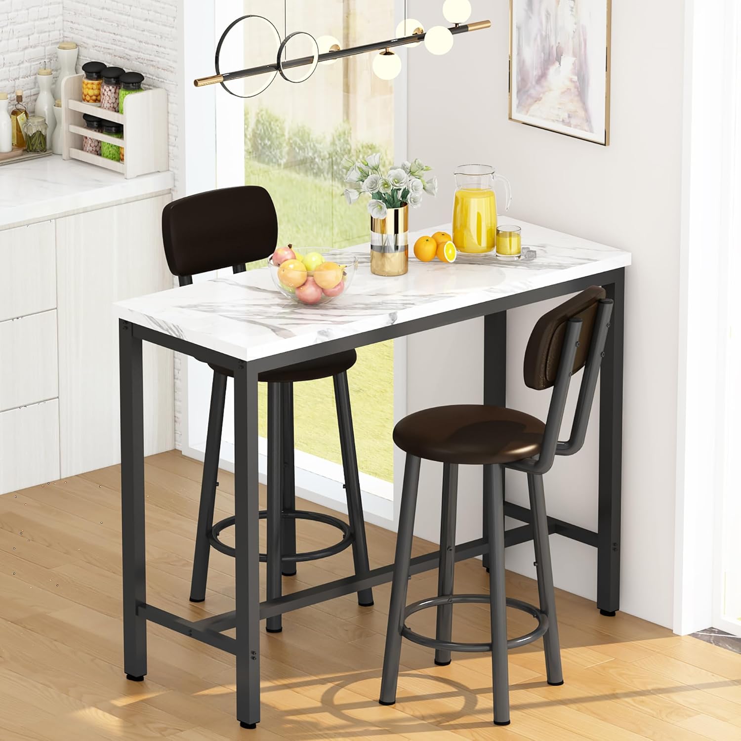 AWQM 3 Piece Bar Table Set of 2,39.3" Pub Bar Table and Chairs Set,Faux Marble Bar Height Table with 2 Backrest Stools,Small Dining Table for 2,Kitchen Table Set for Small Space,White & Brown