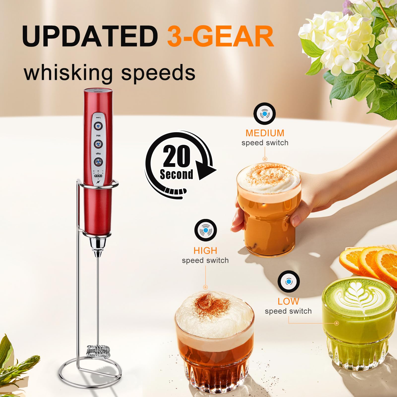 YUSWKO Mousseur à lait portable pour café, fouet électrique rechargeable avec 3 têtes et 3 vitesses, mousseur à café pour latte, cappuccino, chocolat chaud, œuf, rouge avec support