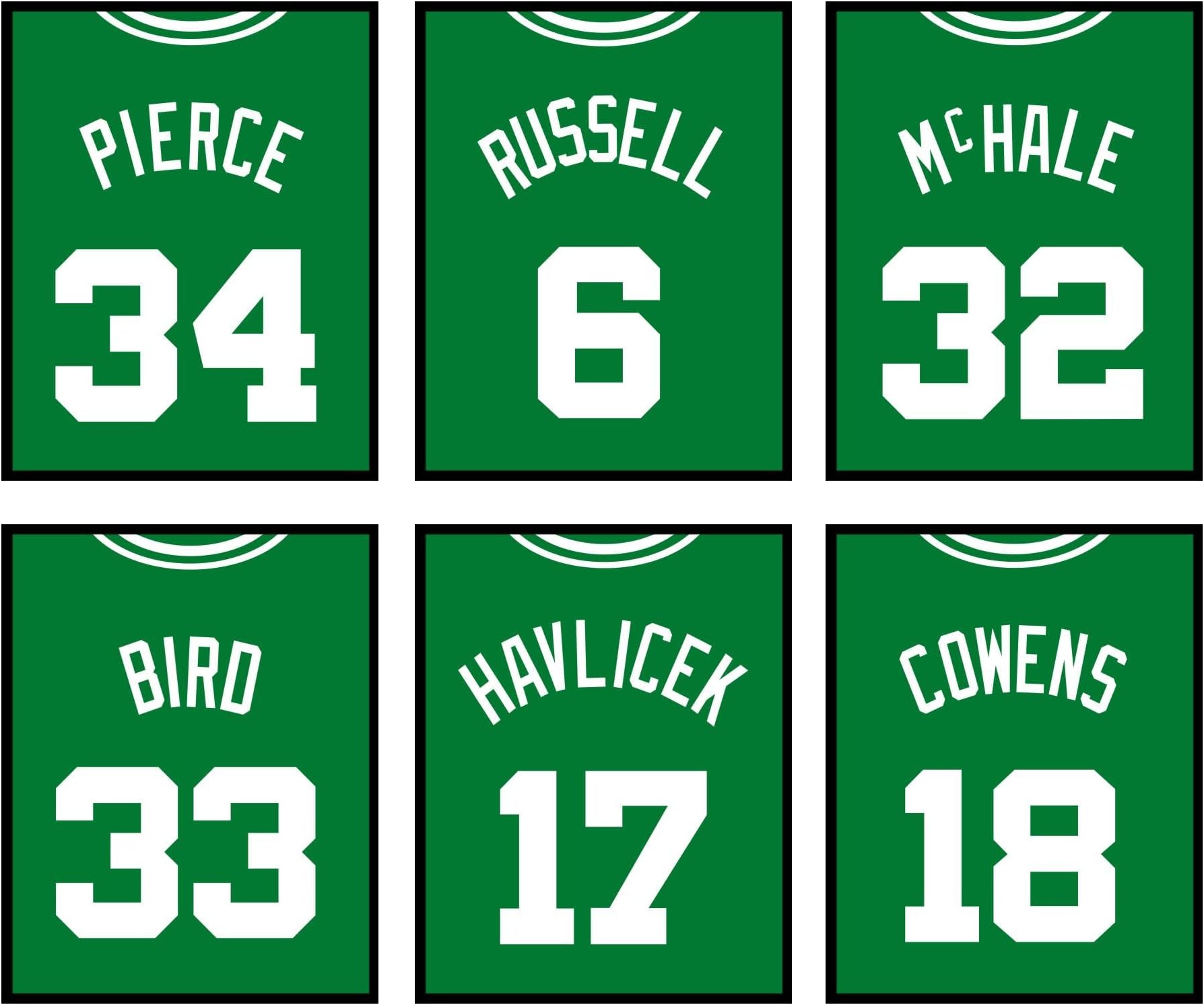 Boston Celtics NBA Poster Set of Six Vintage Basketball Jerseys - Bird McHale Russell Pierce Cowens Havlicek - 8x10 Poster Prints