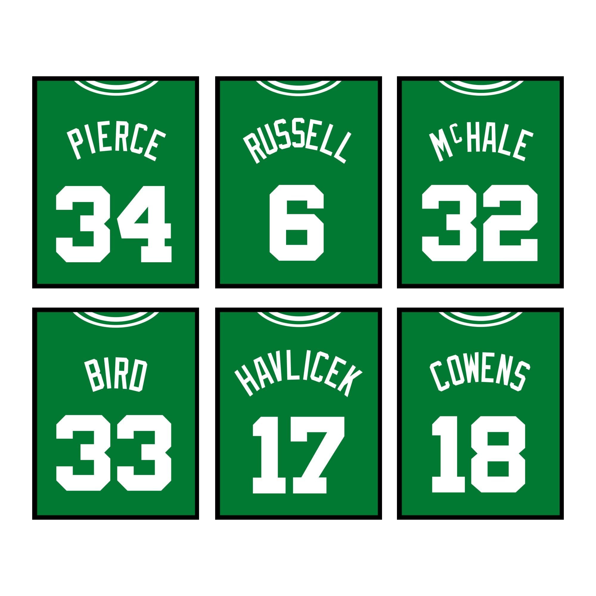Boston Celtics NBA Poster Set of Six Vintage Basketball Jerseys - Bird McHale Russell Pierce Cowens Havlicek - 8x10 Poster Prints