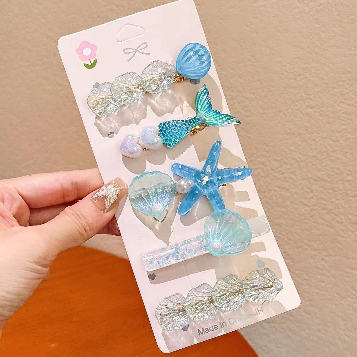 5 Pieces Artificial Shell Pearl Starfish Seashell Hair Clip Set Acrylic Resin Women Hair Clip for Beachy & Party Styles, Mermaid Party Decorations, Playful Design, Sparkling Embellishments
