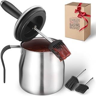 32 OUNCE Basting Pot with 3 Replaceable Brushes,Christmas Grilling Gifts for Men&Dad,Stainless Steel 304 Barbecue Sauce Container Brush Set,Airtight Melting Pot BBQ Sauce Container for Grill&Kitchen