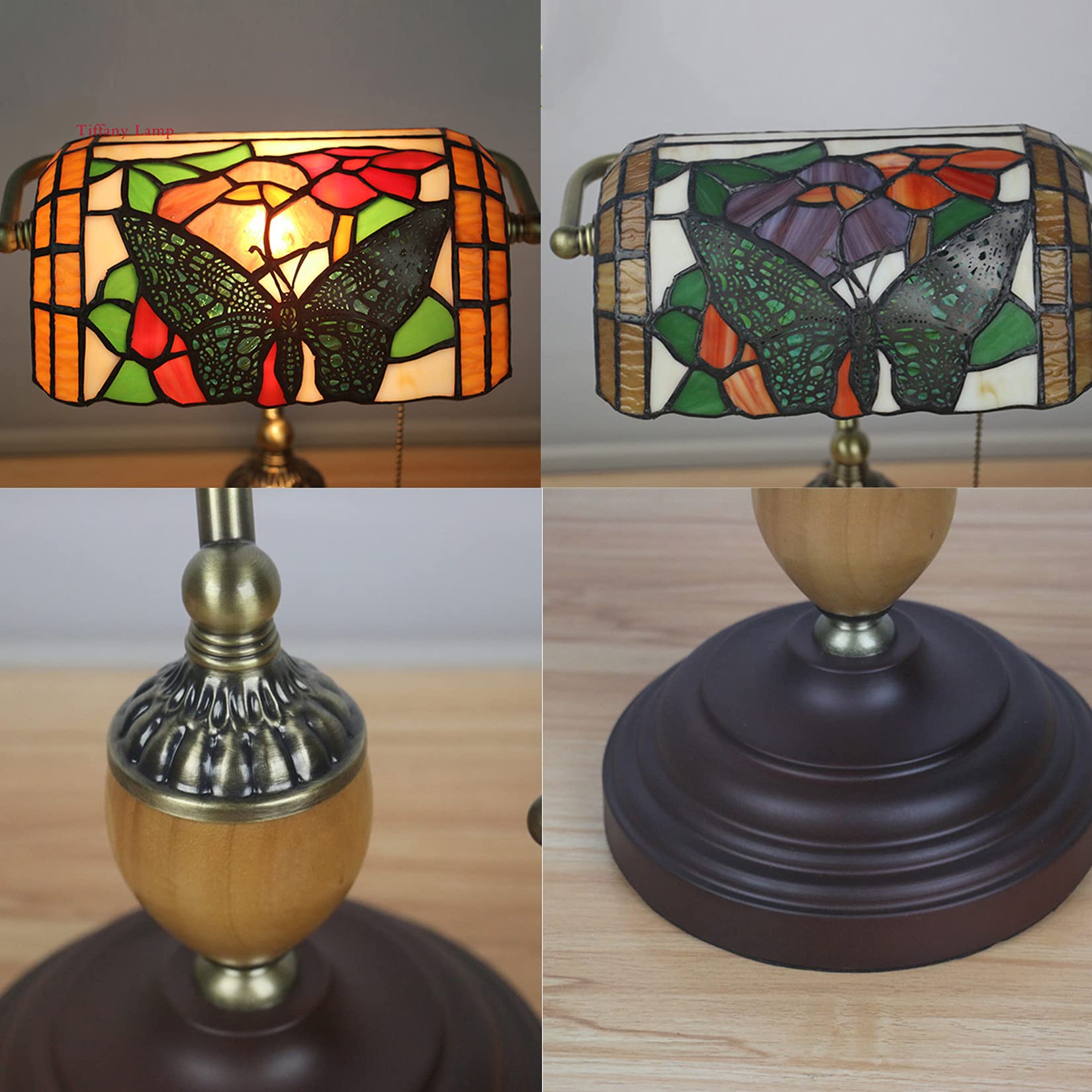Lampe de Table de banquier Vintage, Lampe de Bureau/Piano, Base en Alliage Antique, veilleuse pour Chambre ou Salon, vitrail (Couleur : Vert) (Papillon A)