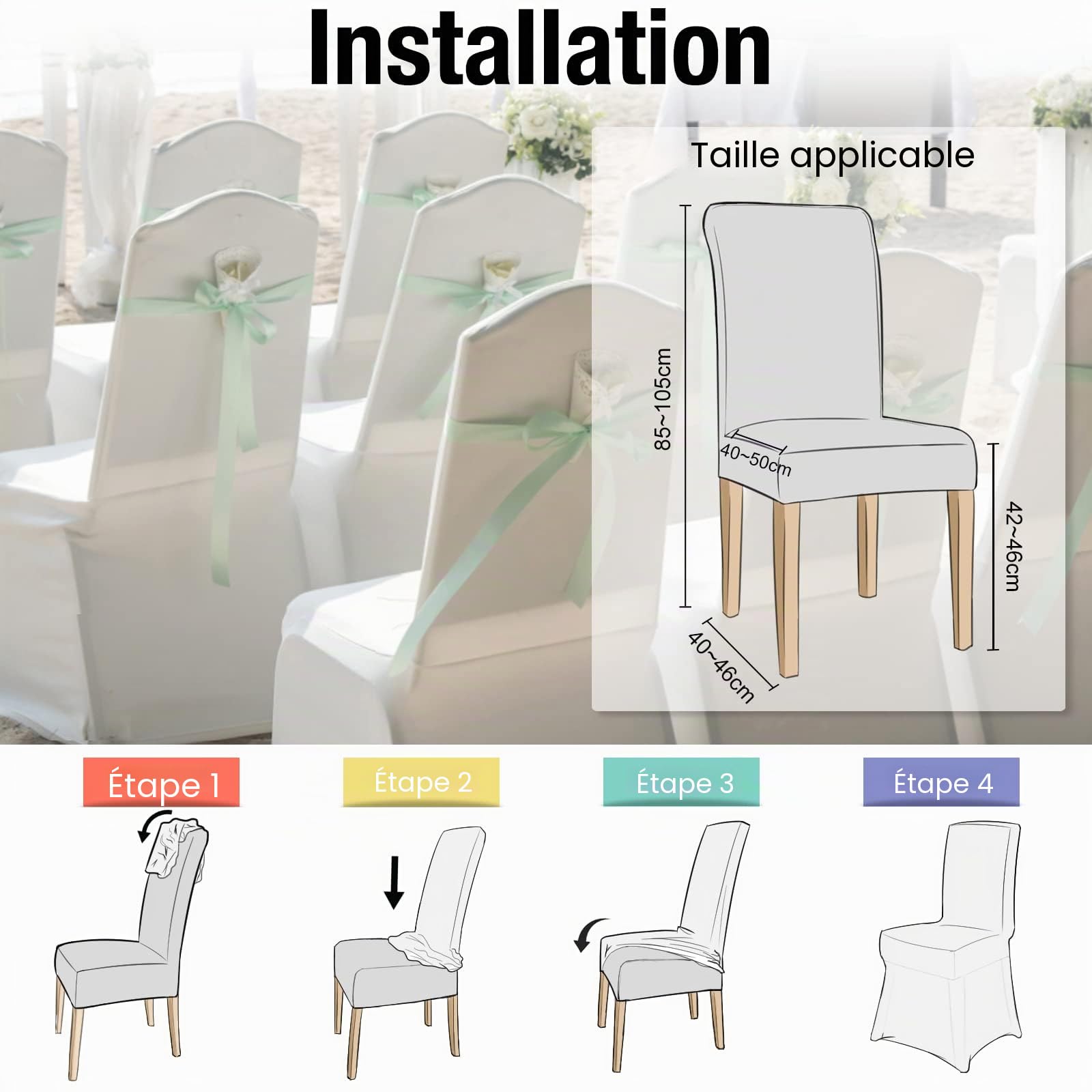 LZQ Lot de 50 housses de chaise universelles, blanches, pour mariages, fêtes, anniversaires, décoration de banquet