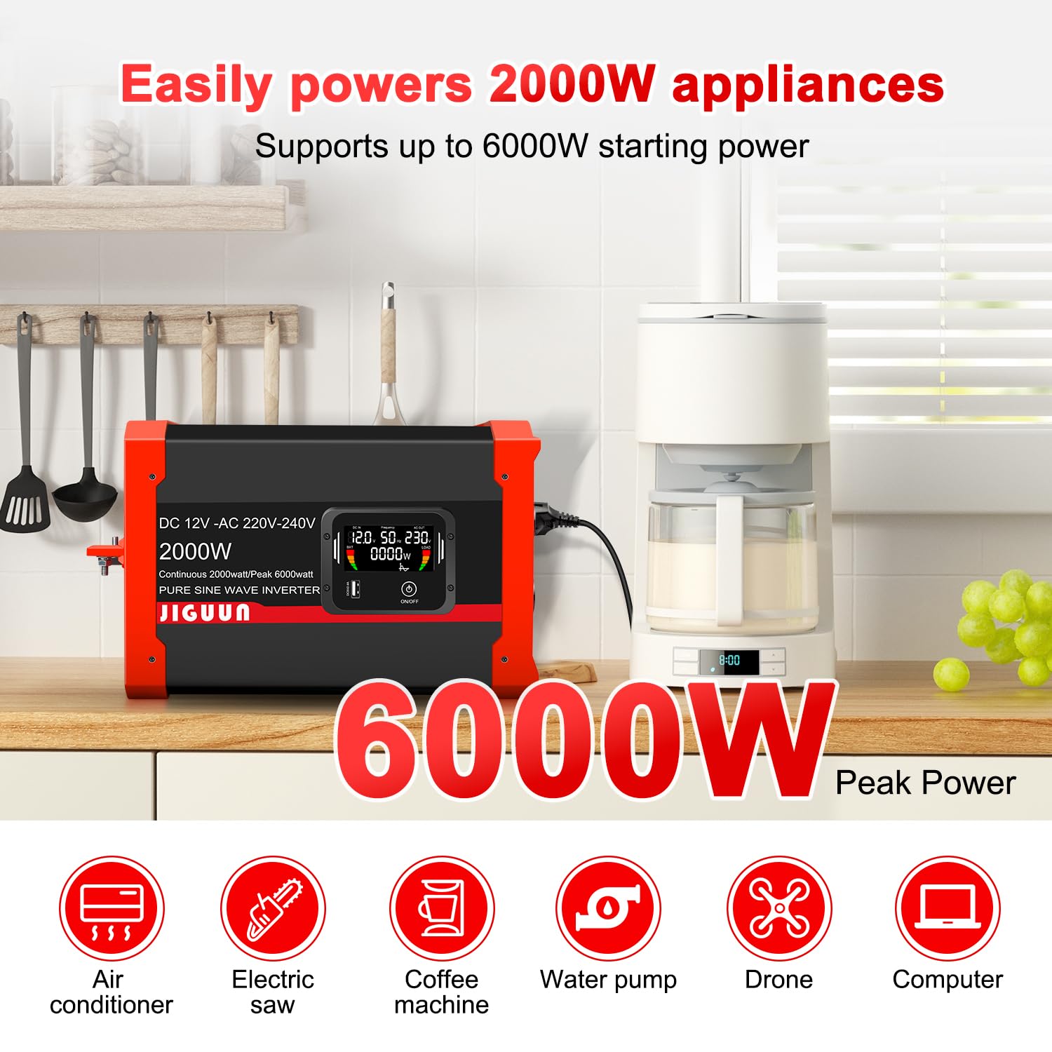 JIGUUN 2000W 6000W Falownik 12V na 230V Przetwornica napięcia sinusoidalnego z wyświetlaczem LCD, zdejmowanym pilotem zdalnego sterowania, 2 gniazdami UE, 3 portami USB + 1 portem typu C