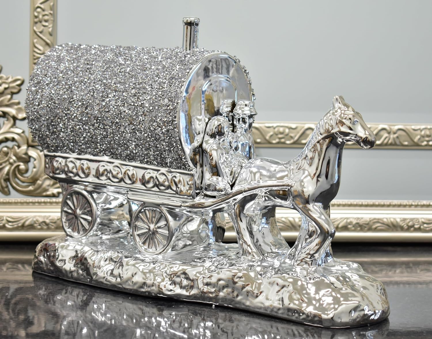 Biznest Crushed Diamond Caravan Round Gypsy With Couples Crystal Ornament Shelves Silver Roof Wagon
