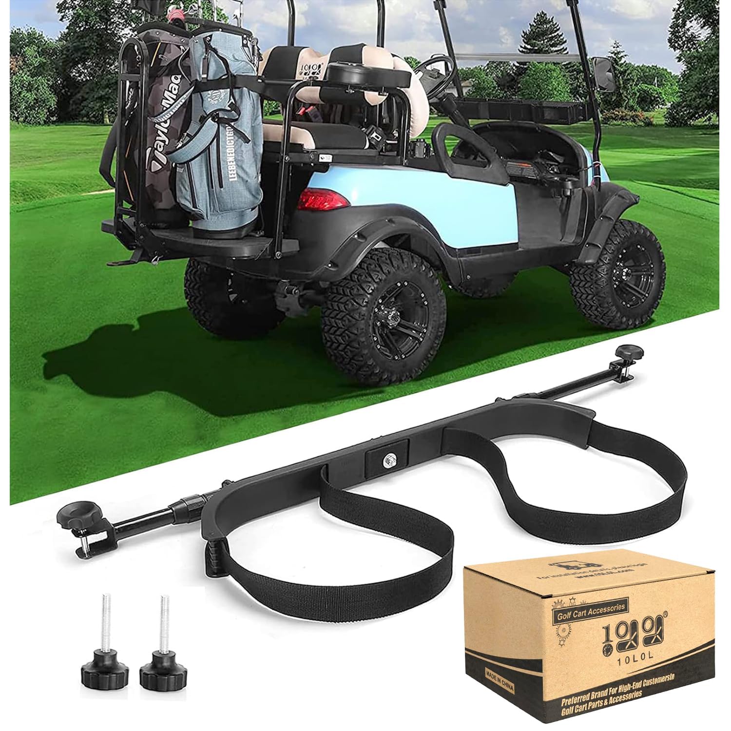 10L0L Universal-Golfbag-Halterung ohne Bohren erforderlich für Yamaha, EZGO, Club Car, Verstellbarer Golfschlägerhalter für den Rücksitz, EIN zusätzlicher Riemen Wird mitgeliefert