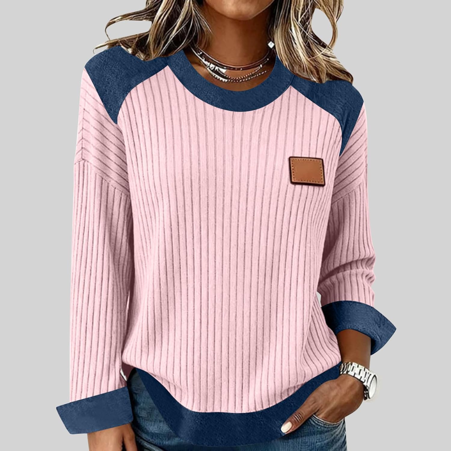 Women's Denim Pachwork Pullover Sweatshirts Fashion Contrast Long Sleeves Crewneck Loose Comfy T-Shirt Blouse Tops