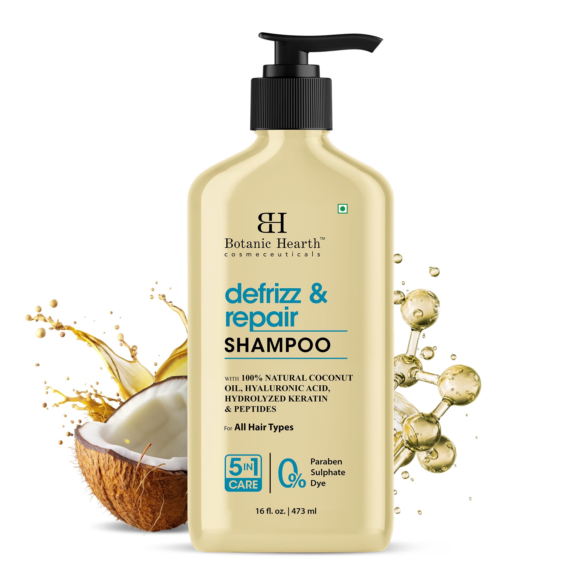 Defrizz & Repair Shampoo 16 fl. oz | 100% Natural Coconut Oil, Hyaluronic Acid, Hydrolyzed Keratin & Peptides | Frizz Control & Strengthening | Paraben & Sulfate-Free
