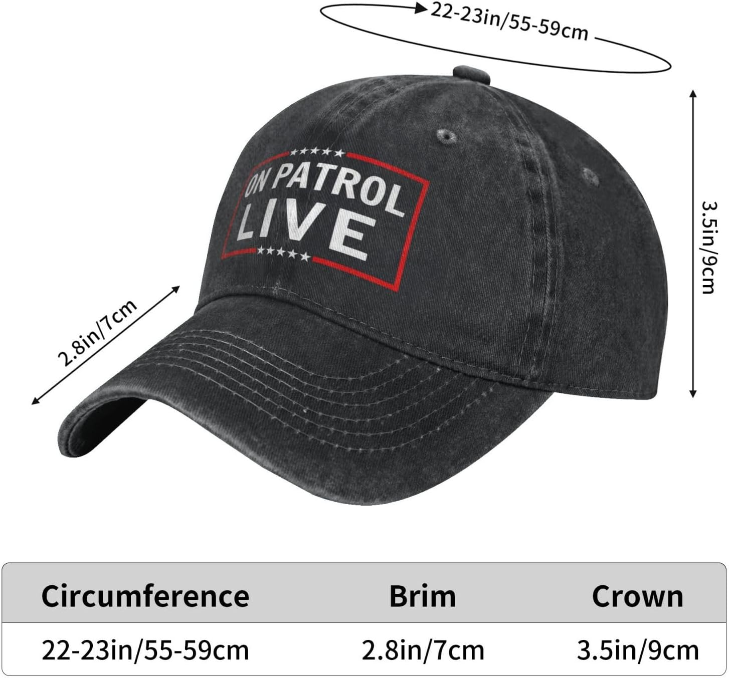 On Patrol Live Retro Denim Hat Washed Cotton Golf Hat Black