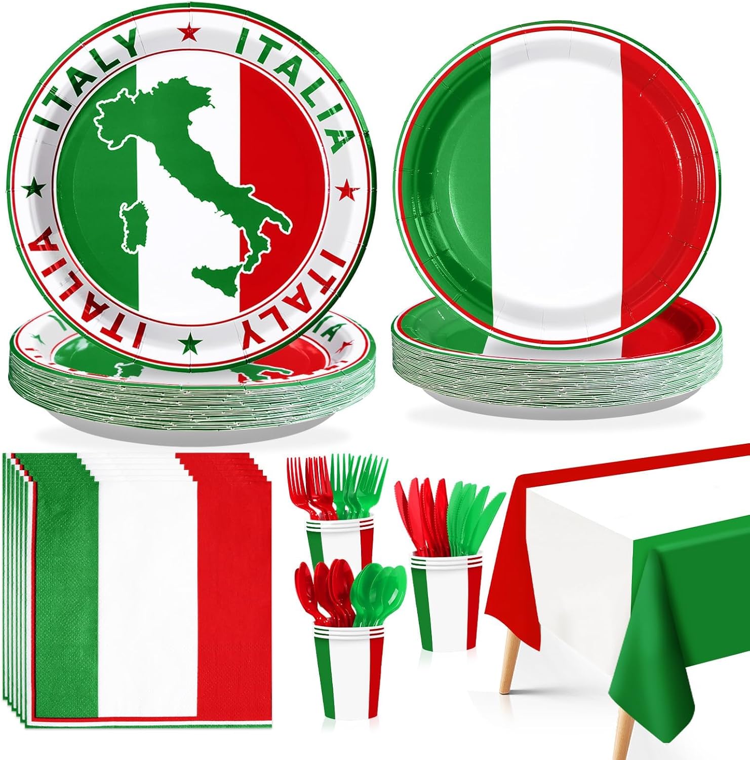 170Pcs Italian Flag Birthday Party Supplies Italy Flag Plates and Napkins Cups Forks Tablecloth Red White Green Tableware Set for Pizza Holiday Family Gathering Dinner Party Decorations Serves 24