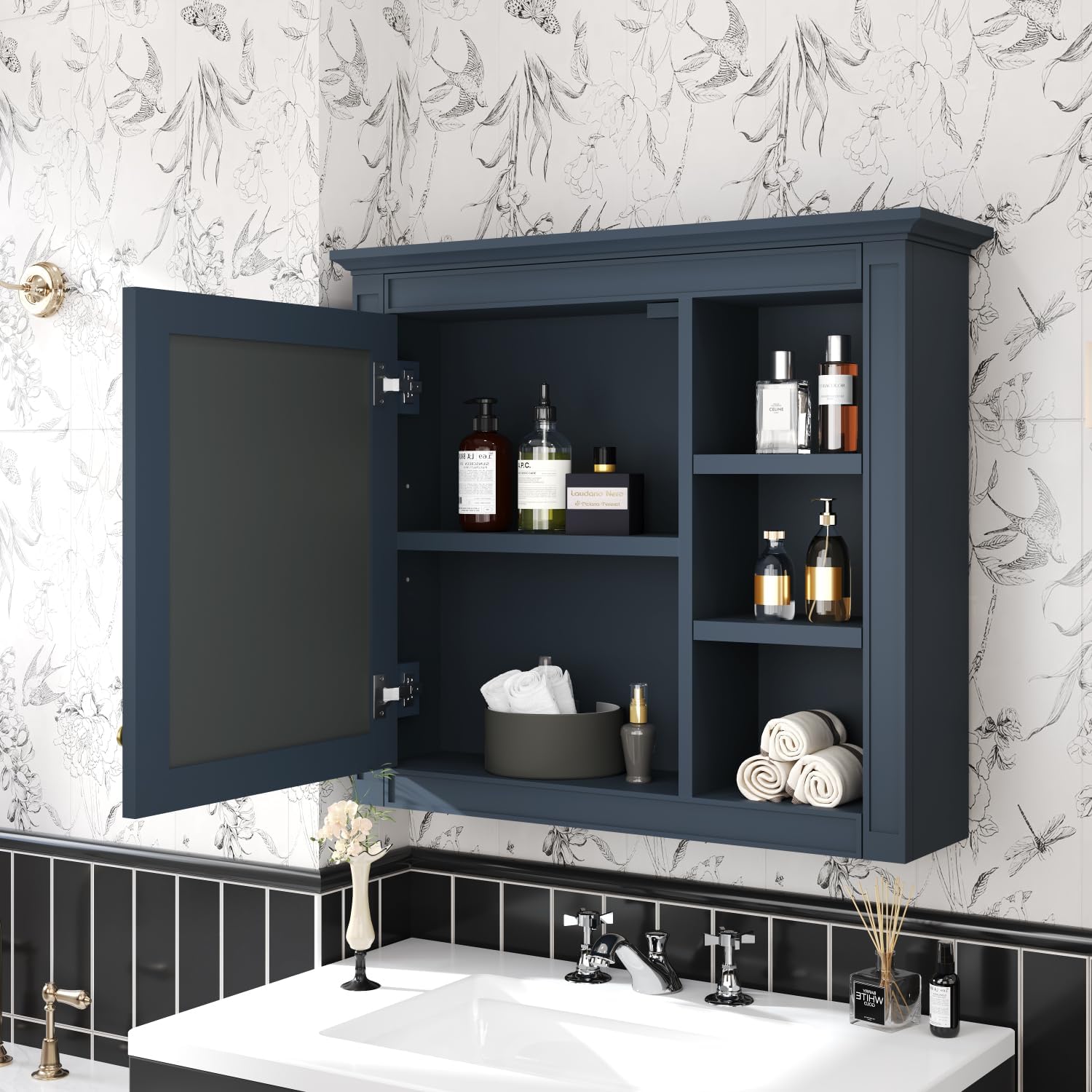 30" x 28" Wall-Mounted Bathroom Storage Cabinet with Mirror and 3 Open Shelves
