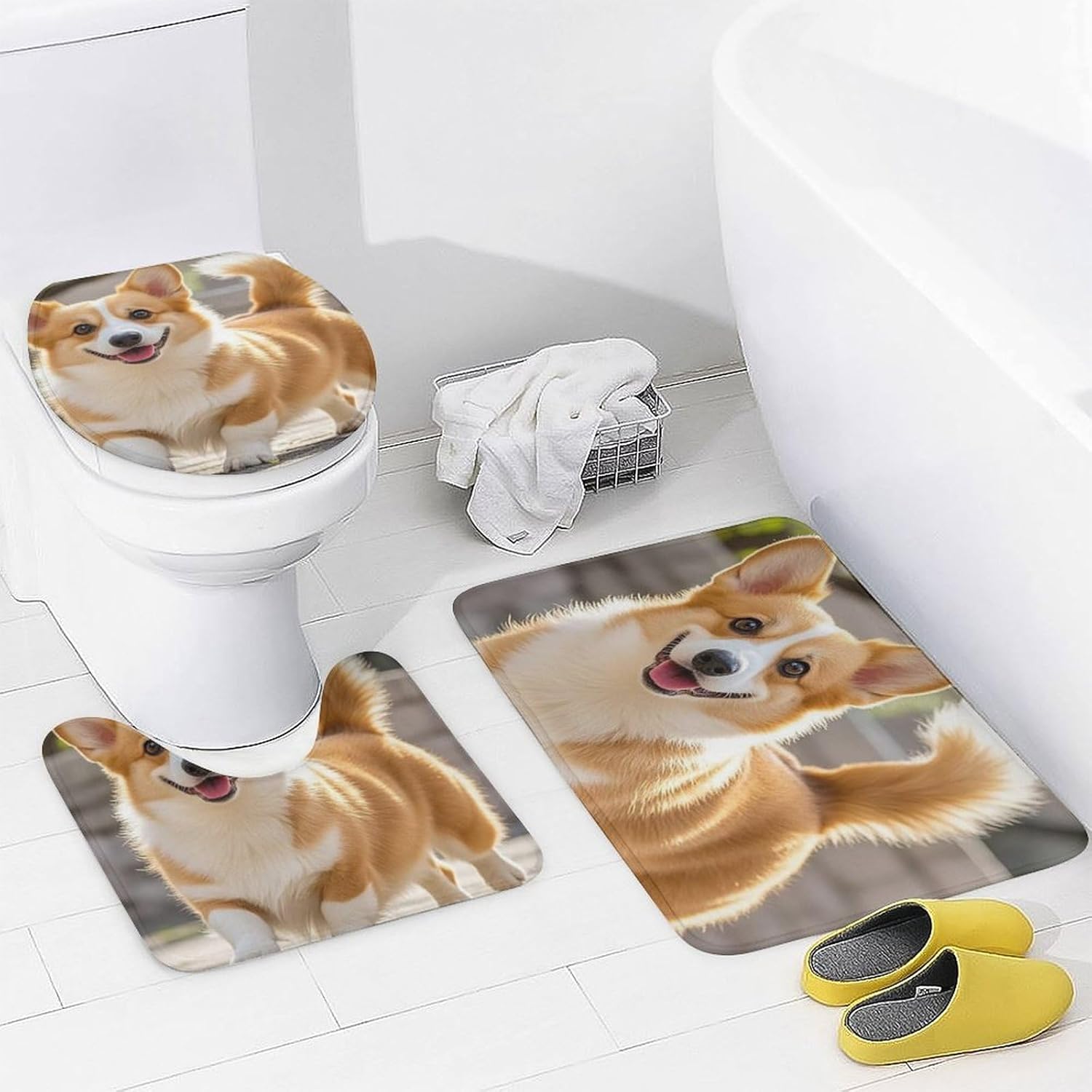 Playful Corgi Shower Curtain Set 4 Piece, Non-Slip Bath Mat with Toilet Lid Cover and Waterproof Shower Curtain with 12 Hooks, Complete Bathroom Set for Home Decor