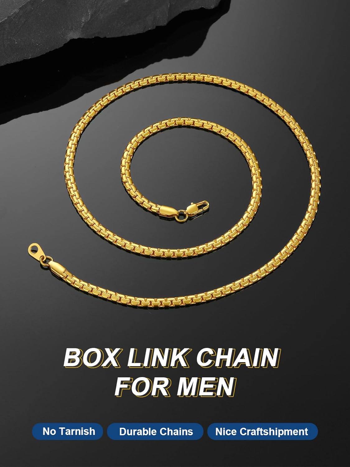 ChainsPro Stainless Steel Box Link Chain Necklace Mens, 2/4/6/8mm Flat Chains for Men, Black/Silver/Gold Plated, 14"-30" No Tarnish & Thick Hip Hop Jewelry Gifts for Christmas Thanksgiving