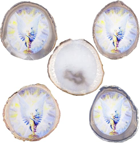 Miniatura 3 de Rockcloud Pantalla de losa de ágata de ángel con soporte de madera, forma irregular, ágata en rodajas, adorno de escritorio de oficina en casa, 3.9