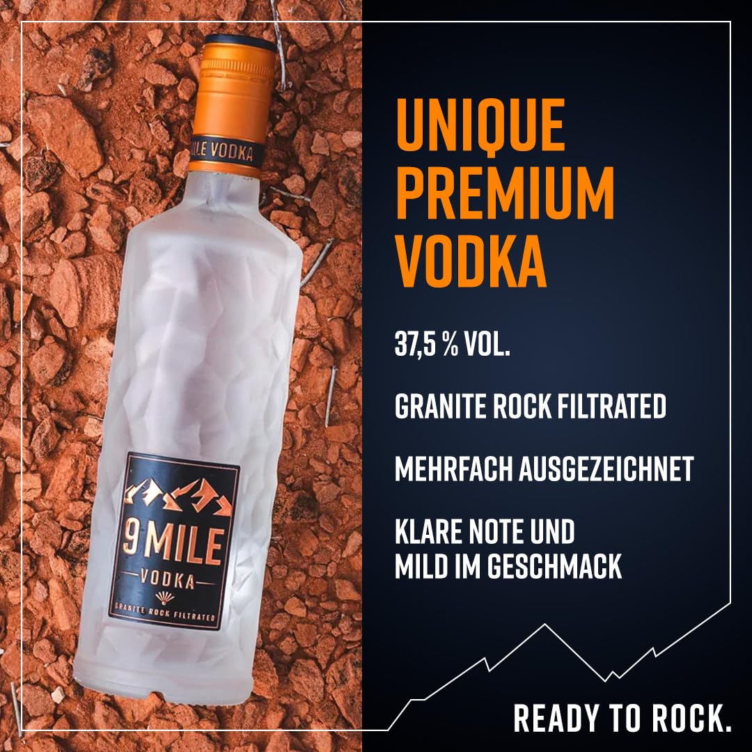 9 MILE Vodka Geschenkeset mit 0,7l Flasche & 9 MILE Glas – 37,5% Vol. Premium Vodka mit LED-Beleuchtung, Granite Rock Filtration & mildem Geschmack – ideal für Longdrinks oder den puren Genuss