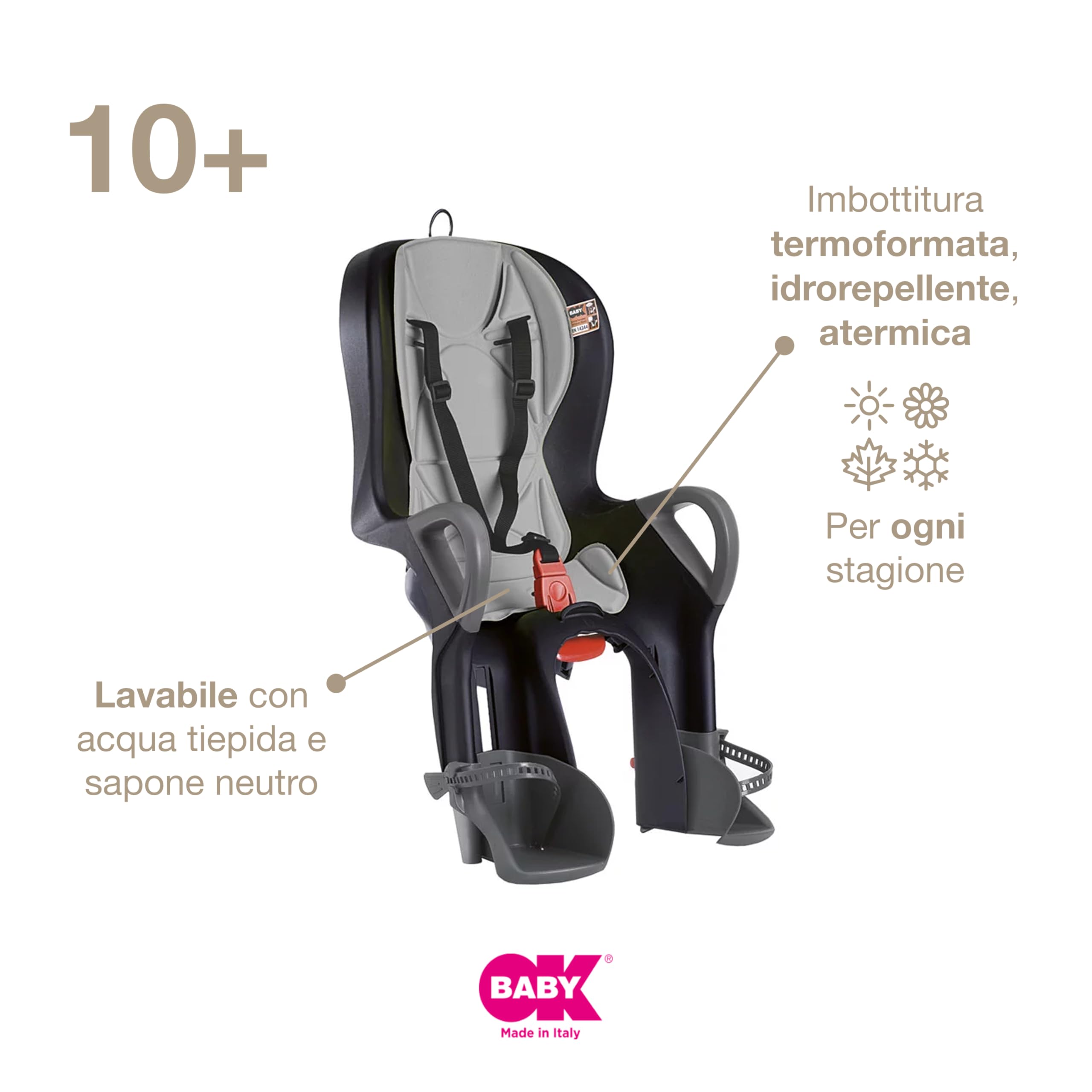 OKBABY 10+ - Seggiolino da Bicicletta Posteriore per Bambini Fino a 22 kg, Reclinabile