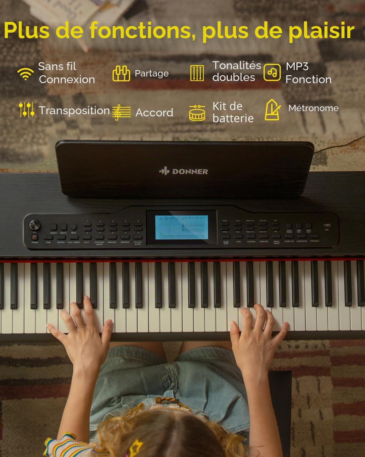 Donner DDP-95 Piano numérique pour débutants avec clavier lesté de 88 touches, piano de taille normale avec Bluetooth, enregistrement, écran LCD, 600 sonorités/rythmes, 3 modes d'apprentissage, noir