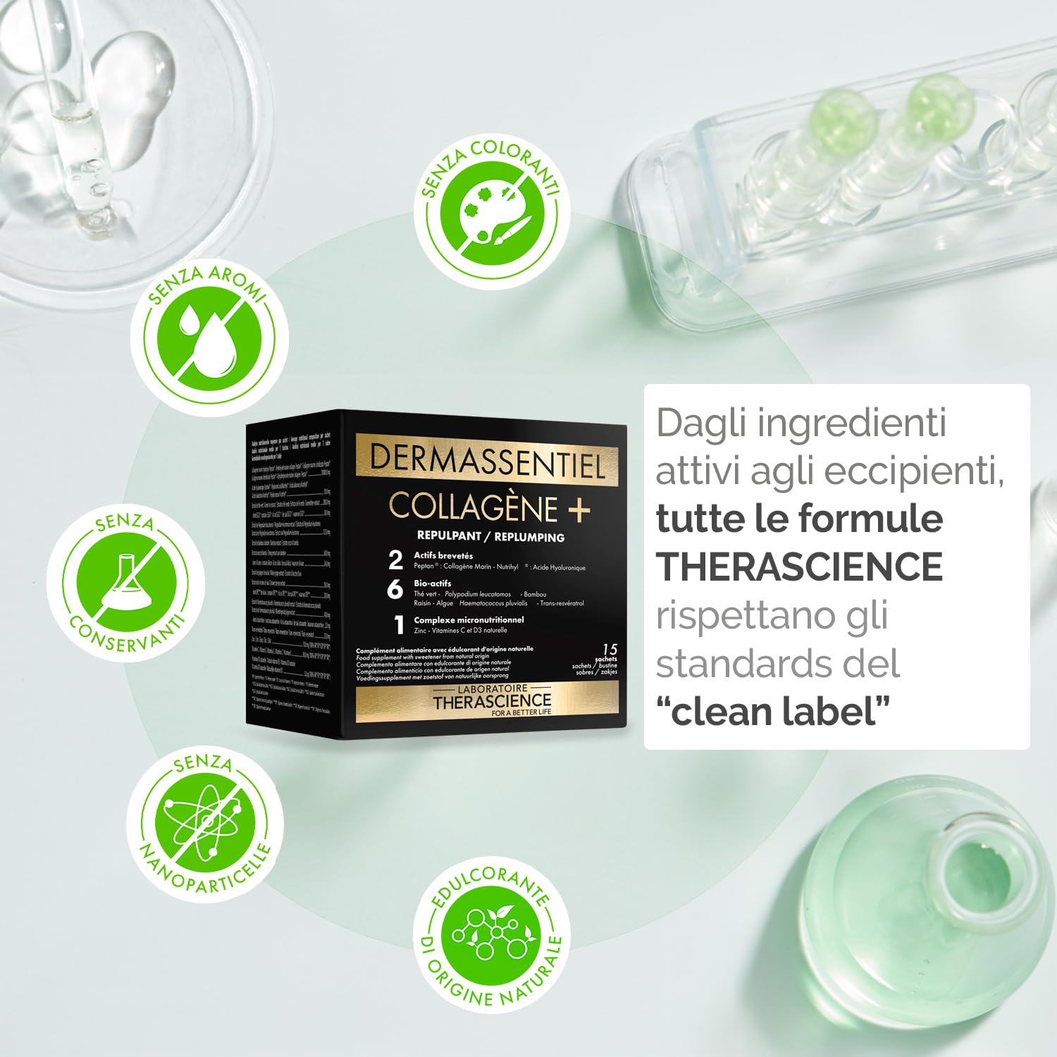 DERMASSENTIEL COLLAGENE+ | Rimpolpa e Rassoda | 10 g di Collagene marino idrolizzato Peptan® | Acido ialuronico Nutrihyl® | 6 Bio-attivi | Zinco + Vitamina C | 15 bustine | Laboratoire THERASCIENCE