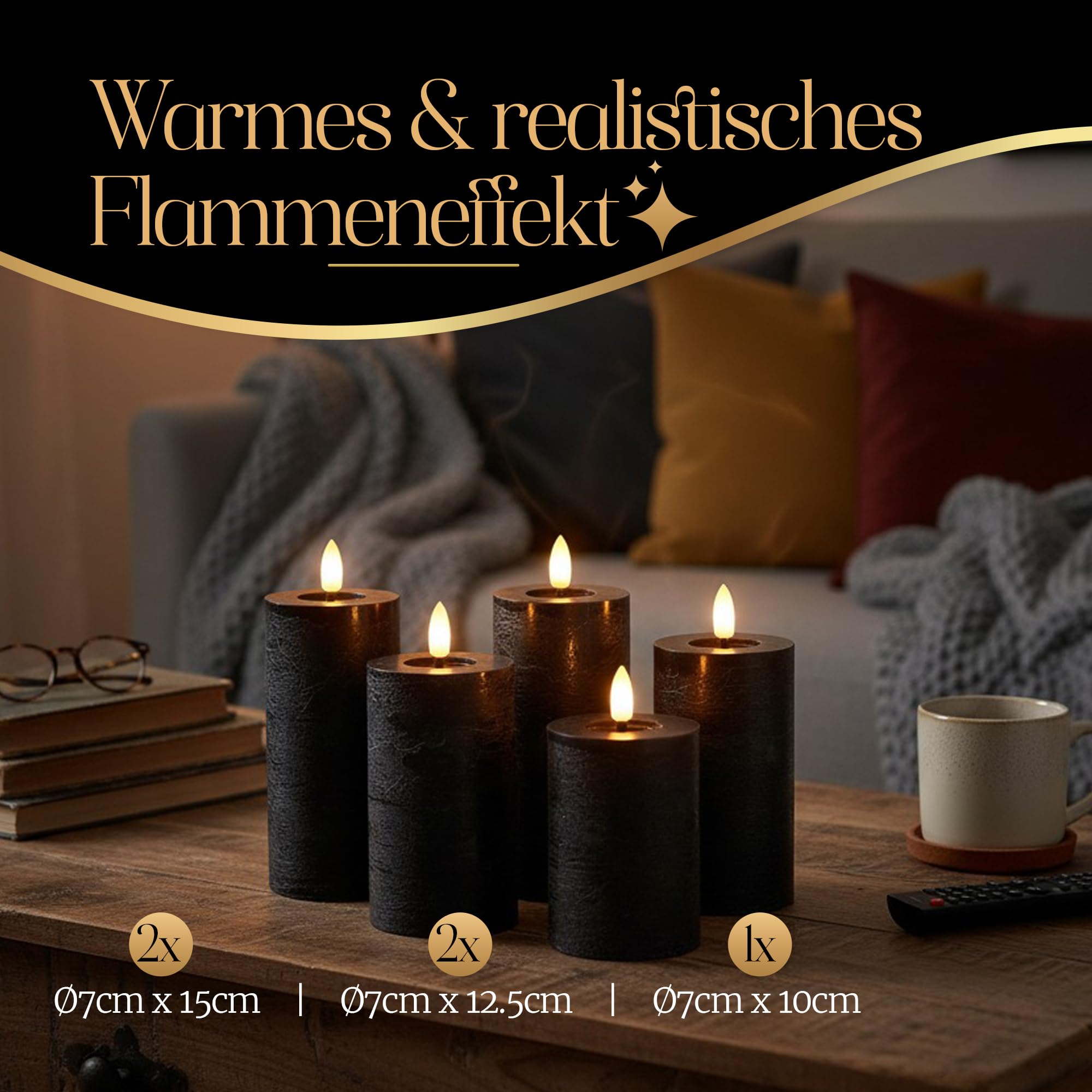 Meisterhome® LED-Kerzen 5er-Set Flammenlos Schwarz – Ø7 cm, Höhen 10/12,5/15 cm – Stumpenkerzen mit Fernbedienung & Timer – warmweißes Licht – flackernde Flamme – Rustik-Design – batteriebetrieben