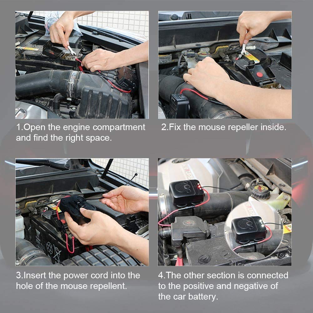 Grunda Répulsif Ultrason pour Voiture - Fréquence à ultrasons 12 kHz - 25 kHz - Connexion à une batterie de voiture 12 V - Protection contre les martres - Répulsif animaux - Avec 3 LED flash