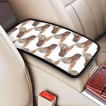 Golden & Black Tiger Animal White Car Center Console Cover, Universal Waterproof Armrest Cushion Pad, Fit for Most Vehicles