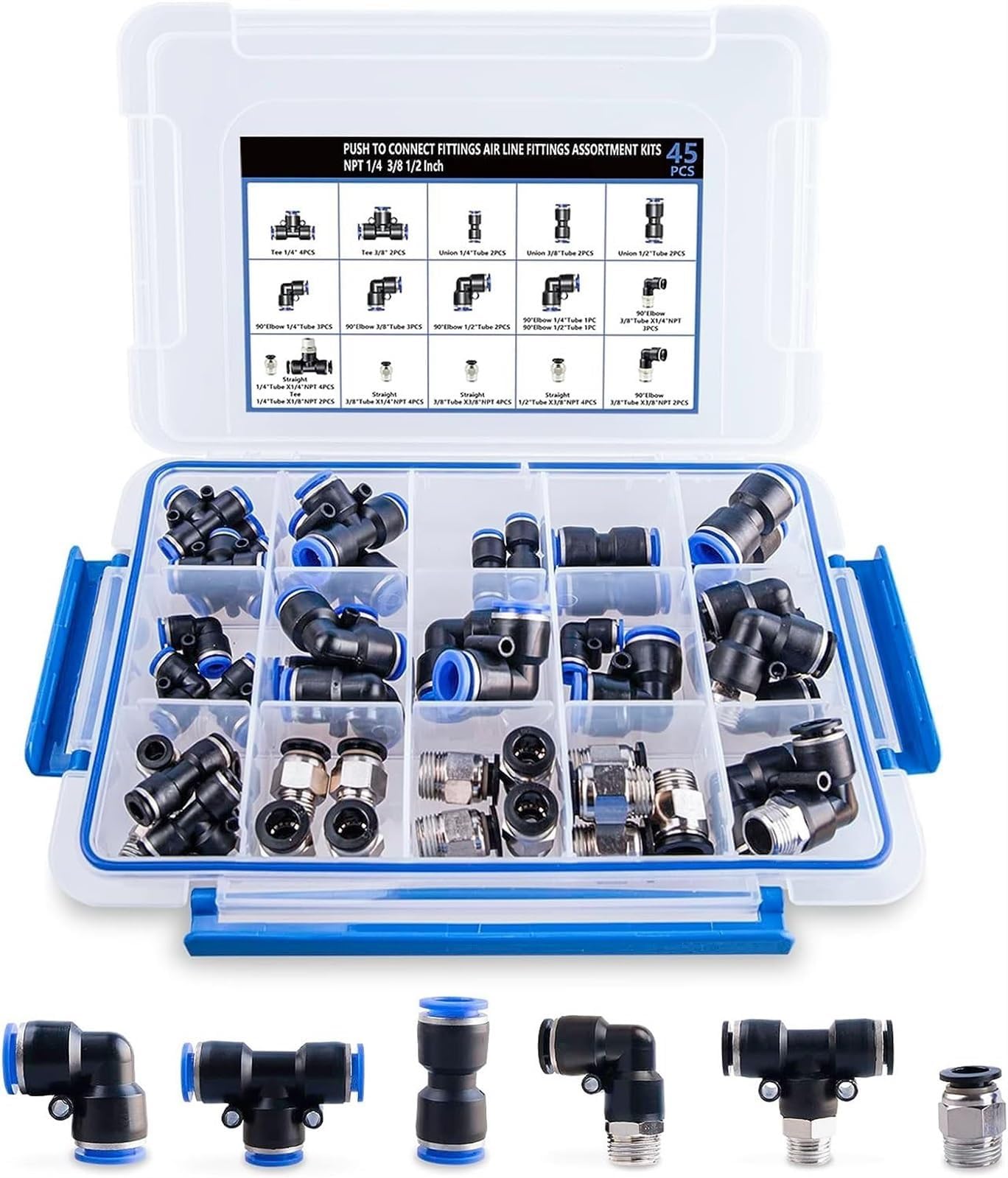 THE WHITE SHOP45PCS Air Line Fitting Kit, Thread Push To Connect Fittings, Nylon Tubing 1/4, 3/8, 1/8, 1/2" Quick Connect, Air Line Fittings assortment kit for Automotive Car or Industrial Workshops