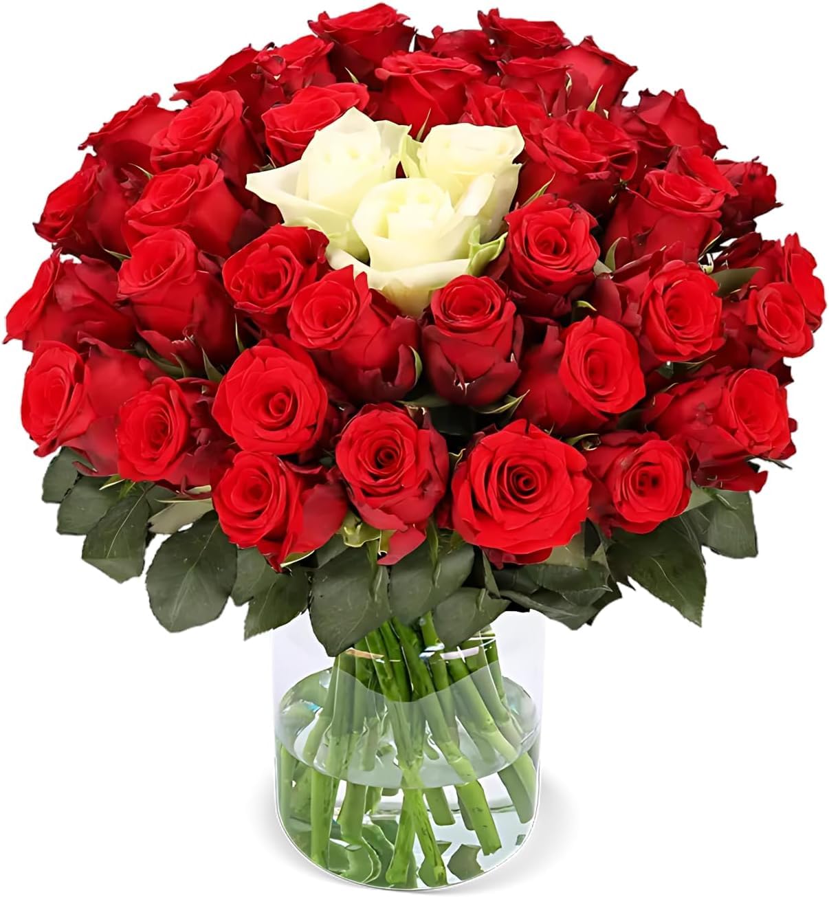 Rosenstrauß “Sweetheart”, Mit einem Herzen aus weißen Rosen, 50 rote und weiße Rosen, ⌀ 40-50cm, 7-Tage-Frischegarantie, Qualität vom Floristen, Ideales Blumengeschenk, Schneller Blumenversand