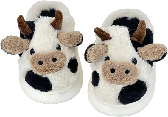 XIXITIAO Cow Slippers for Kids Cute Cartoon Animal Toddler Slippers Girls Boys House Shoes Winter Fluffy Indoor Shoes Soft Warm Plush
