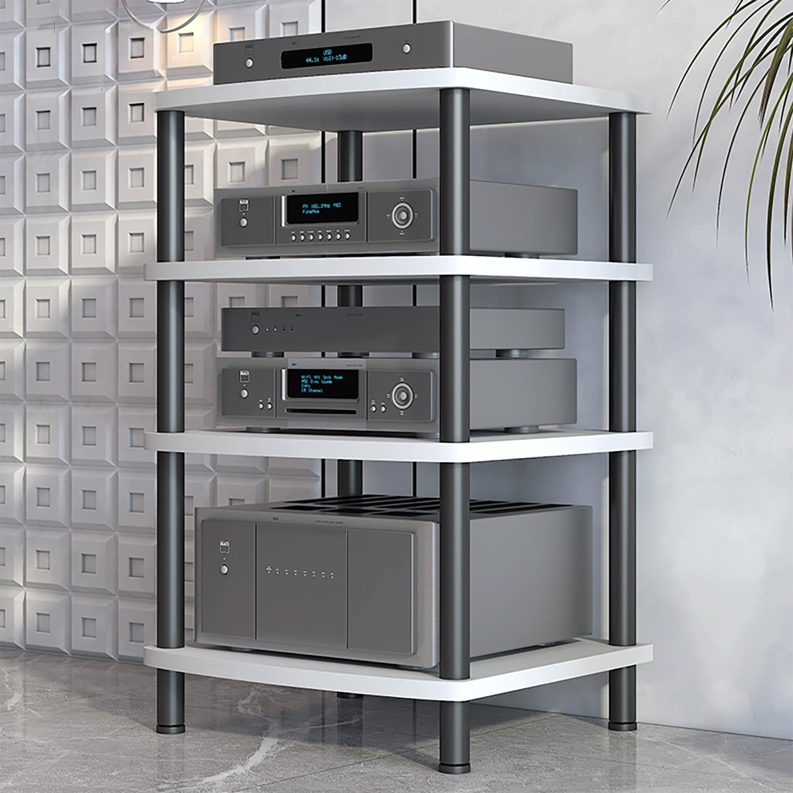 Modern AV Media Stand, 3-Tier Stereo Cabinet with Carbon Steel Frame, Wooden Storage for TV, DVD Players &amp; Accessories(White,4 Tier 60x54x89CM)