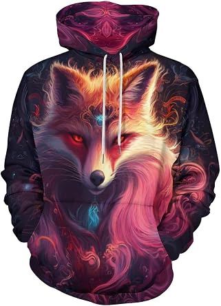 Men Novelty Fox Hoodies Unisex Animal Traditional Tribe Print Long Sleeve Hoody Pullover Sweatshirt