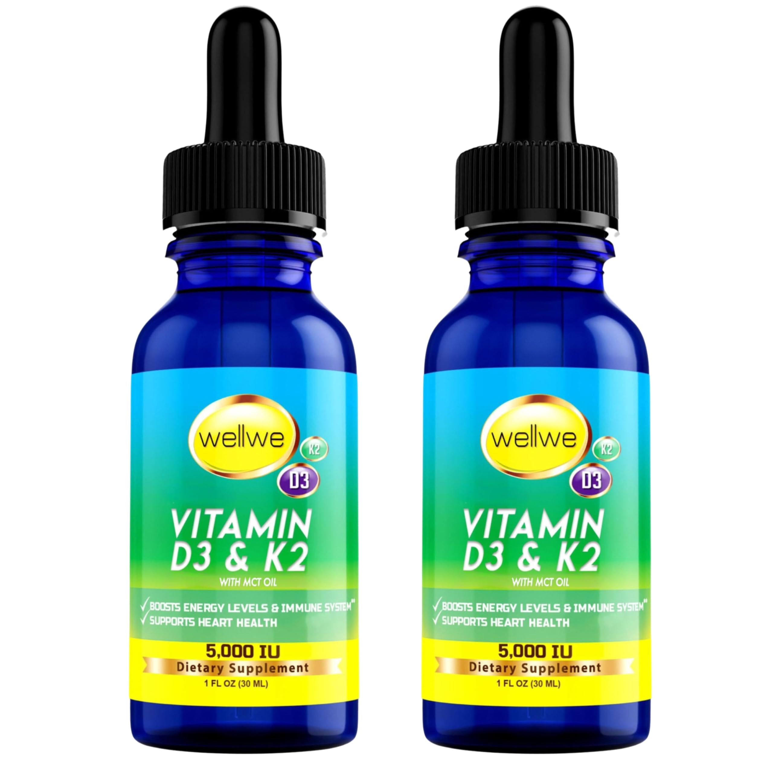 wellwe2 Bottles Liquid Vitamin D3 K2 Drops 5000 IU with MCT Oil - Vegan Vitamin D Supplement to Boost Energy Levels and Immune System, No Taste, No Odor, Soy-Free, Gluten Free, Non-GMO