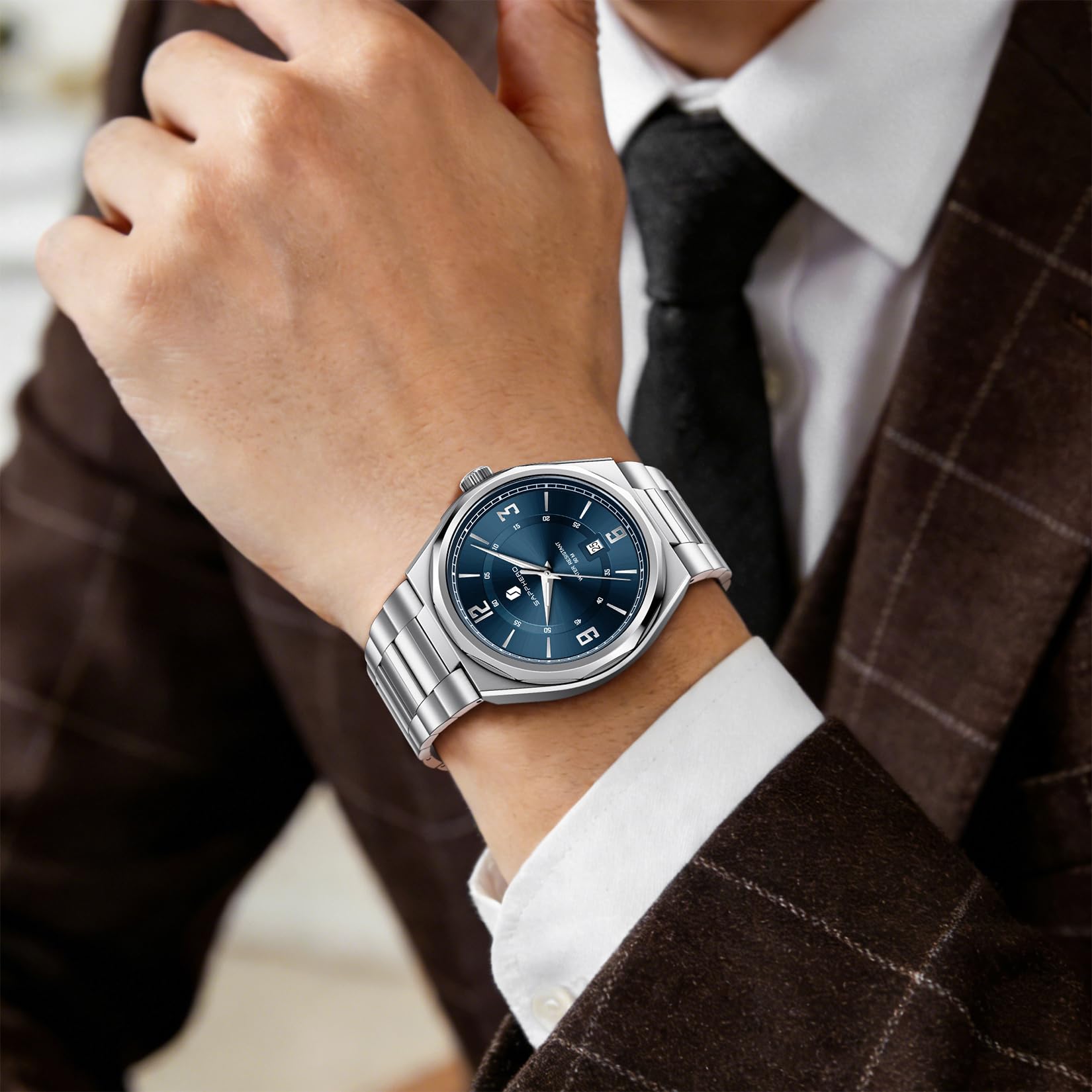 SAPPHERO Reloj analógico de cuarzo para hombre, esfera con fecha y números arábigos, resistente al agua 50 m, luminoso, estilo deportivo y corporativo, correa acero inoxidable y cuero, regalo elegante