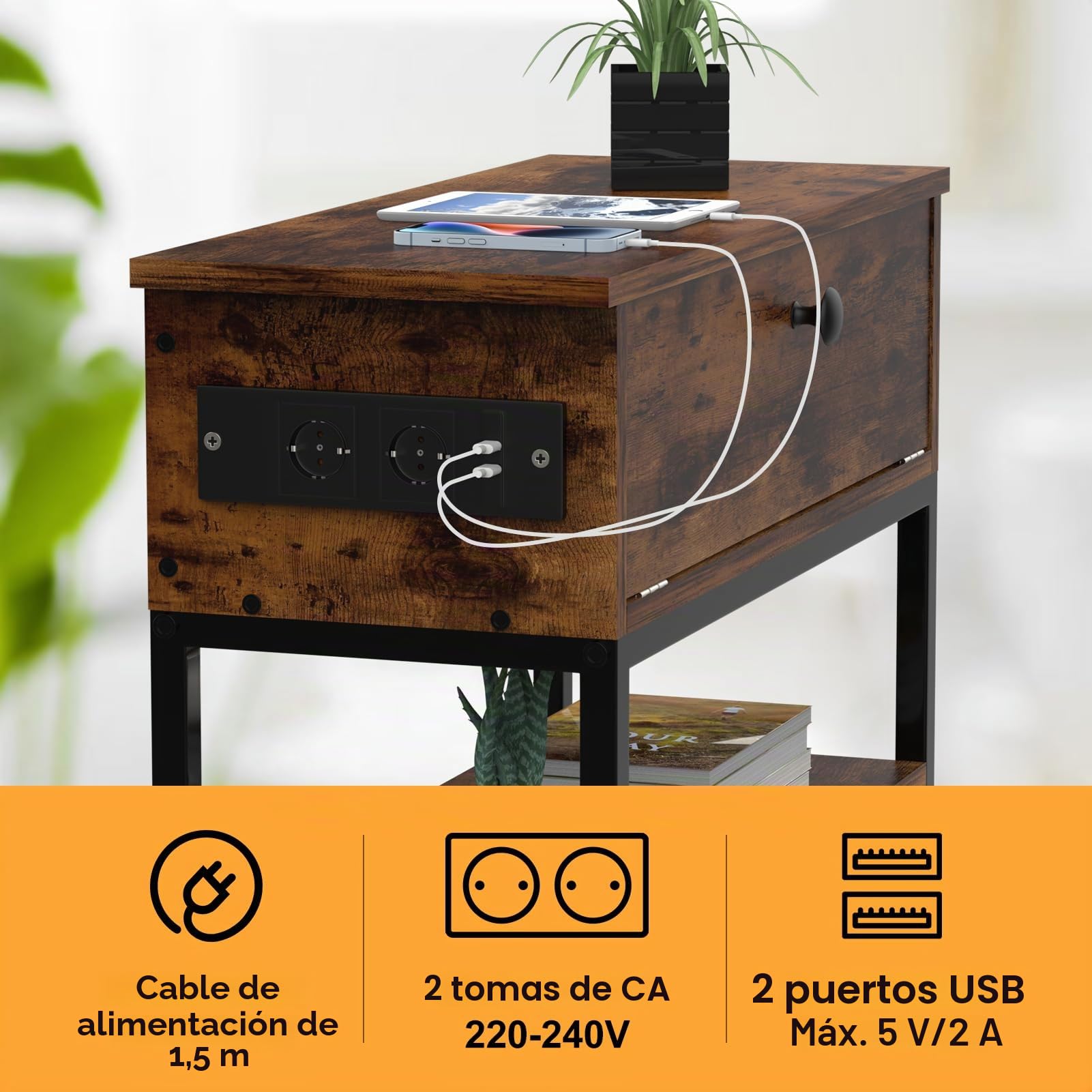 Mesita de Noche con Estación de Carga,Mesitas de Noche Dormitorio Moderna con Enchufe y Puertos USB, Mesilla de Noche para Salón,55 x 26 x 63 cm,Mesa de Noche Marrón Vinta