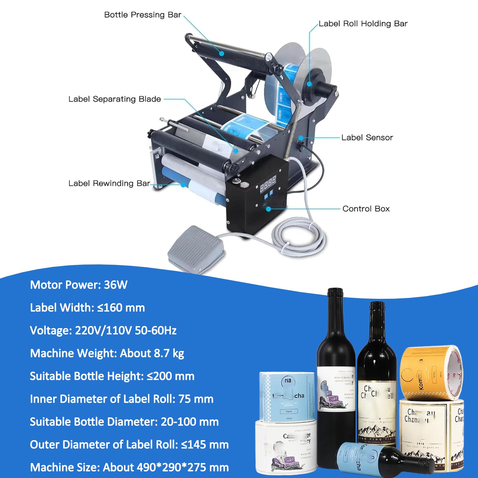 Etichettatrice Automatica per Bottiglie con Pedale per Un;Applicazione Rapida su contenitori in Vetro e plastica, Ideale per etichettare in Modo efficiente Bottiglie