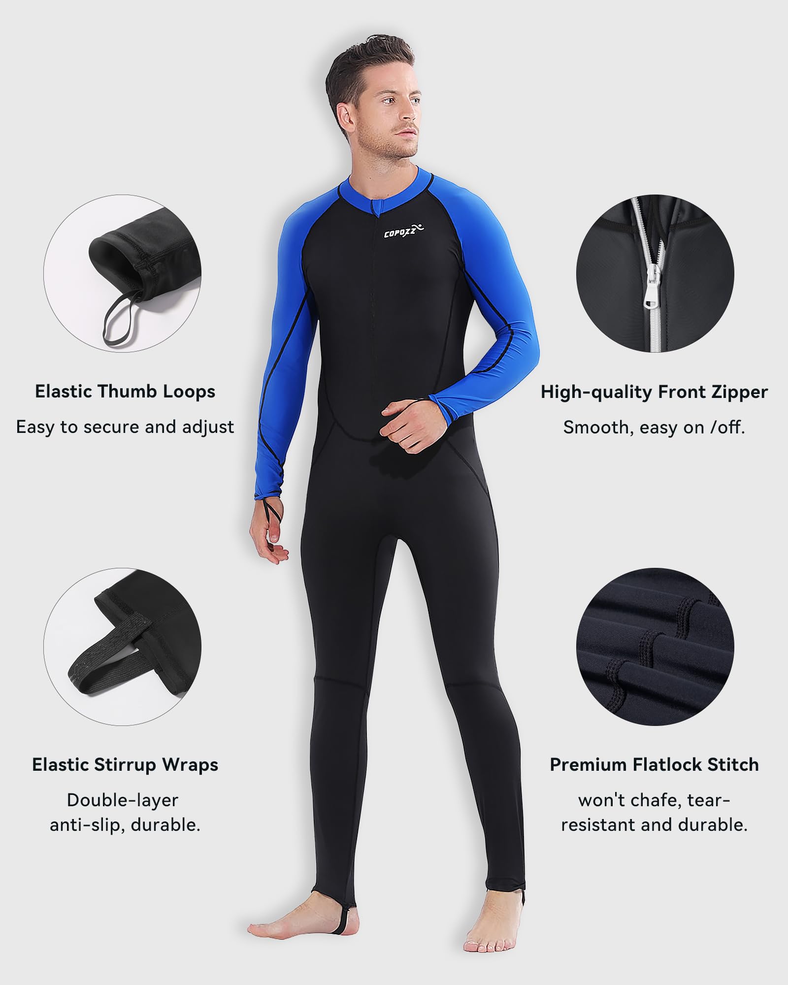 COPOZZ Traje de neopreno para hombre, UPF50+, de piel de buceo, traje de neopreno para hombre, con cremallera frontal, súper elástico para esnórquel, buceo, natación, surf (azul, talla 2XL)