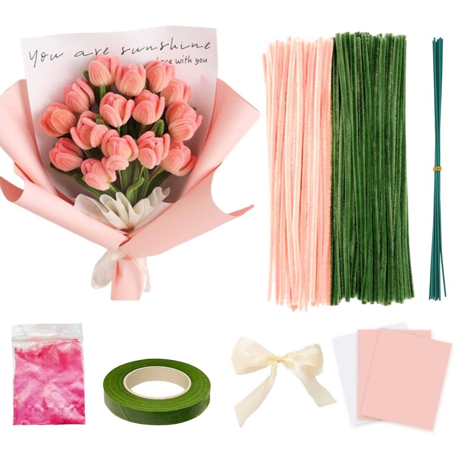 Larfraecy 150Pcs Pipe Cleaners for Craft Flowers-DIY Tulip Bouquet Kit with Floral Wire,Tape,Ribbon,Pastel,Wrapping Paper,Chenille Stem Pipecleaner for Kids&Adult,Making 15 Champagne Pink Flowers Set